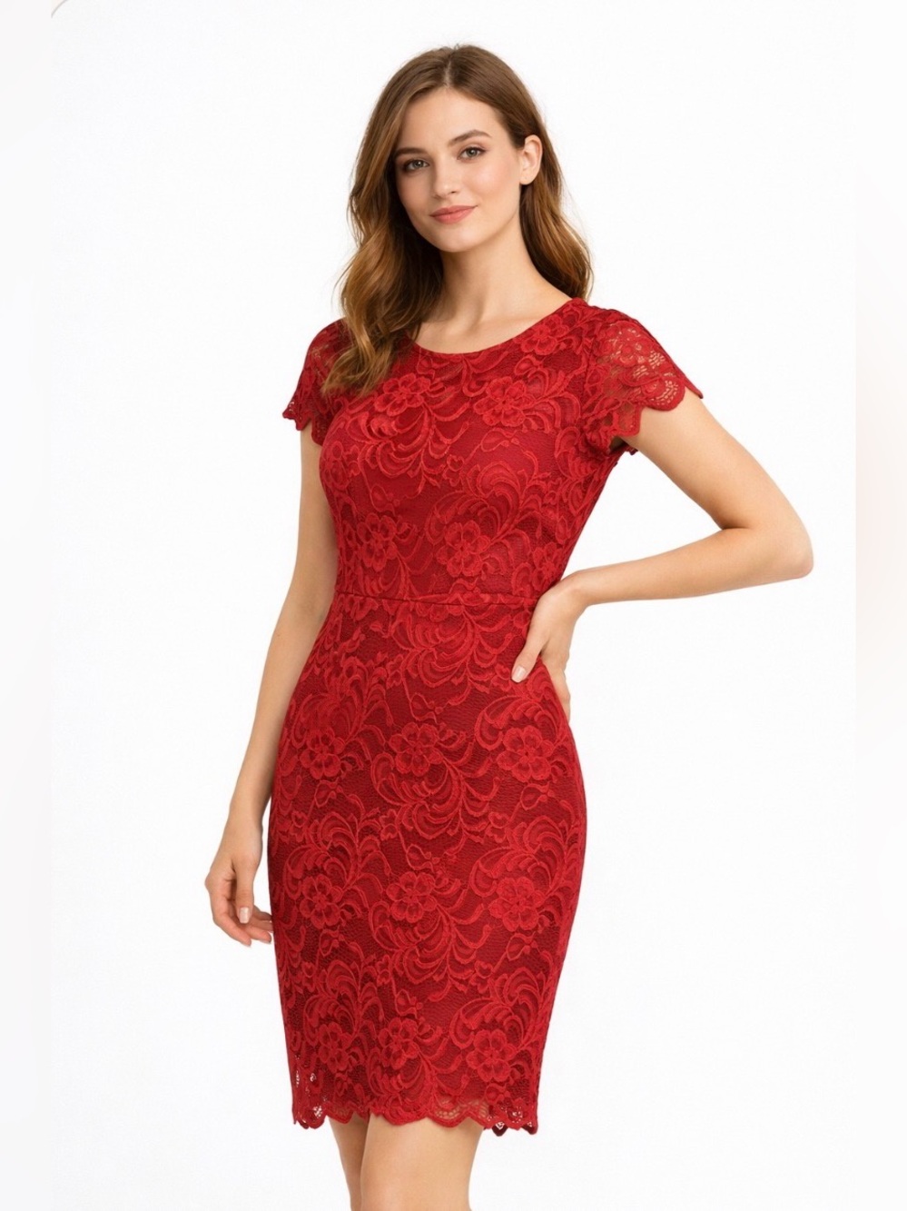 Ambiance Red Floral Lace Cap Sleeve Sheath Dress Size Small